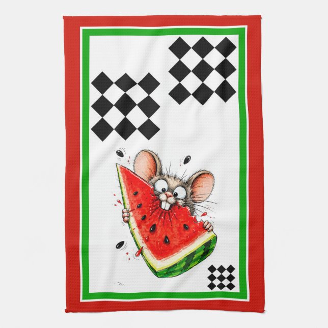 Linge De Cuisine Souris joyeuse mange pastèque (Vertical)