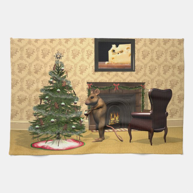 Linge De Cuisine Souris mignonne décorant un arbre de Noël (Horizontal)