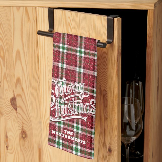 Linge De Cuisine Sparkly Merry Christmas Plaid Family Name (Pliage en tiers)