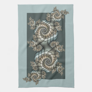 Linge De Cuisine Spirales d'art fractal beige abstrait bleu clair