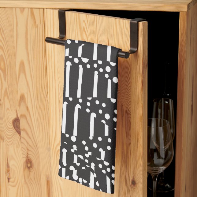 Linge De Cuisine Spots et bandes 2 en blanc sur noir (Pliage en tiers)