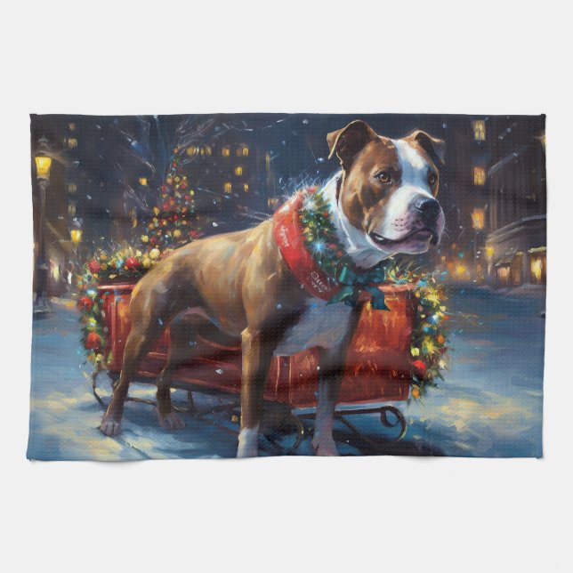 Linge De Cuisine Staffordshire Bull Terrier Noël Festive (Horizontal)