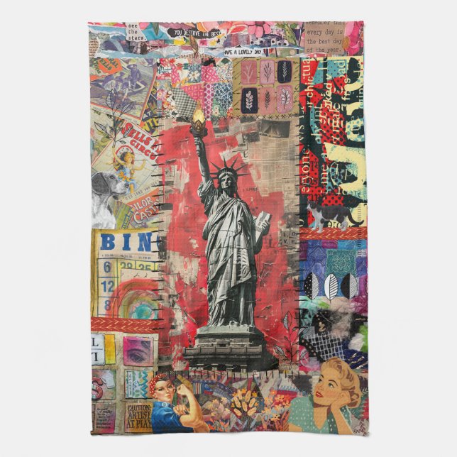 Linge De Cuisine Statue de la Liberté Médias mixtes Collage Art (Vertical)