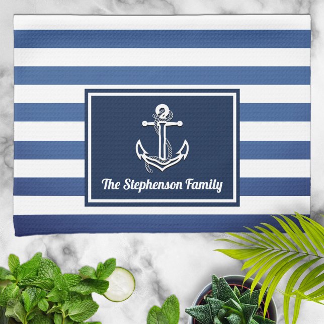 Linge De Cuisine Stripes de marine nautique Nom de famille Personna (Créateur téléchargé)