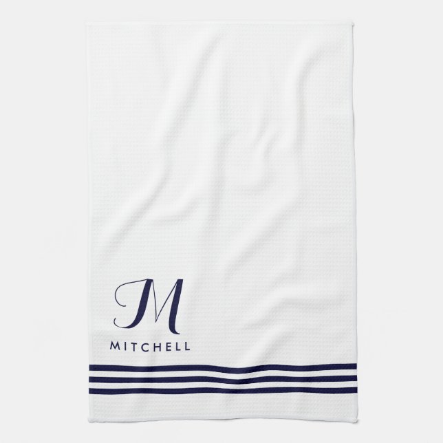 Linge De Cuisine Stripes et Monogrammes sophistiqués marine et blan (Vertical)