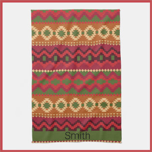 Linge De Cuisine Style Aztec sud-ouest rose vert et Brown