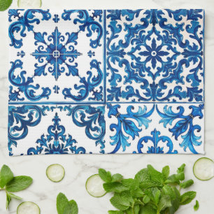 Linge De Cuisine style italien, méditerranéen, mosaïque, bleu,