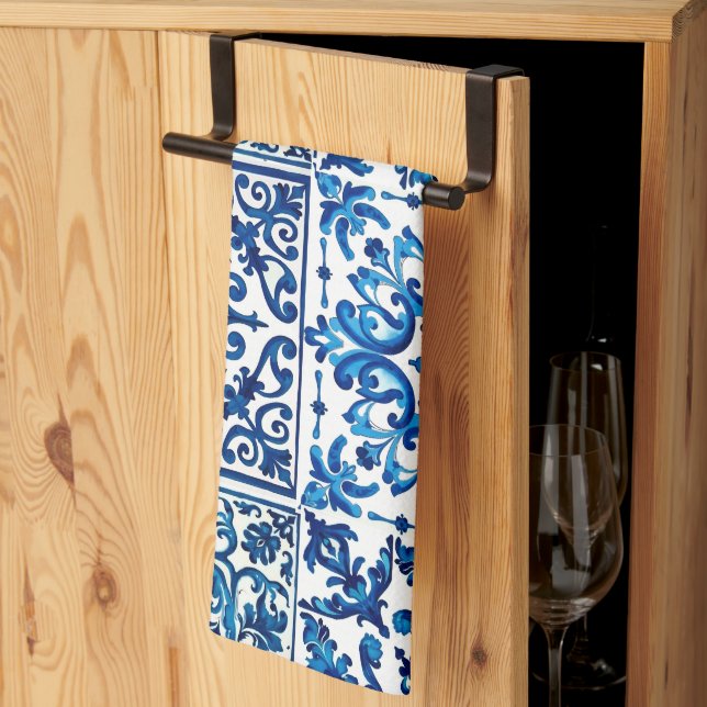 Linge De Cuisine style italien, méditerranéen, mosaïque, bleu, (Pliage en tiers)