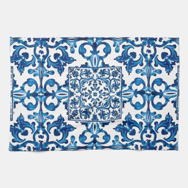 Linge De Cuisine style italien, méditerranéen, mosaïque, bleu, (Horizontal)