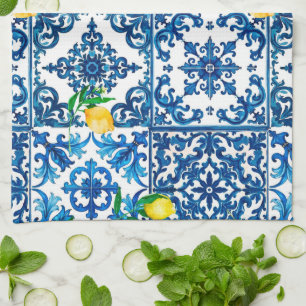 Linge De Cuisine style italien, méditerranéen, mosaïque, bleu, citr