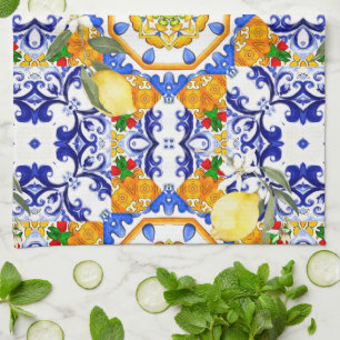 Linge De Cuisine style sicilien, citrons, majolica