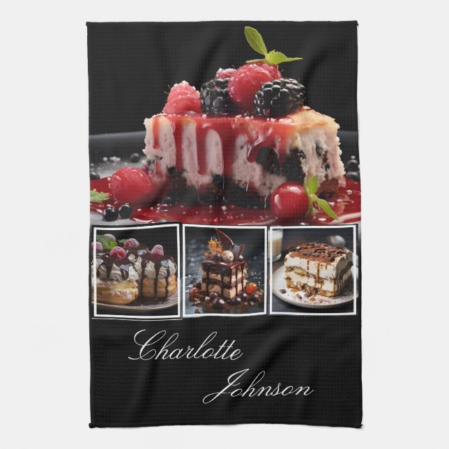 Linge De Cuisine Stylis Black & White 4 Desserts photo Personnalisé (Vertical)