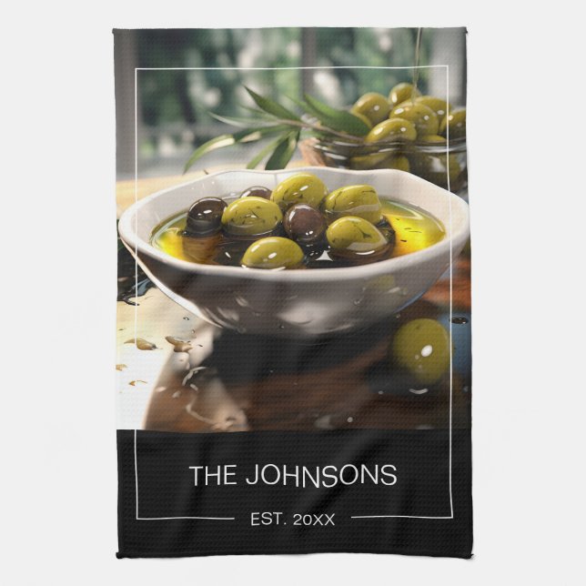 Linge De Cuisine Stylis noir blanc Photo et nom de famille Monogram (Vertical)