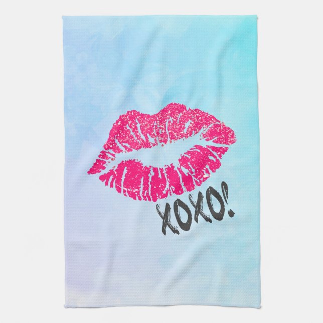 Linge De Cuisine Stylish Rose Kissy Lips avec xoxo! Aquarelle bleue (Vertical)