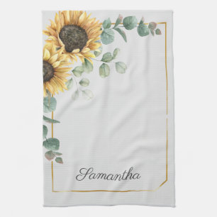 Linge De Cuisine Sunflower Eucalyptus Feuille Script Monogramme
