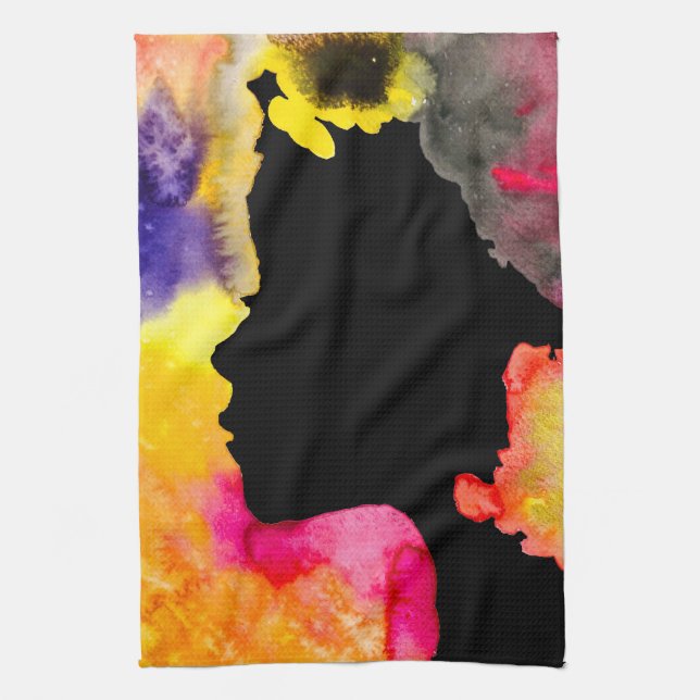 Linge De Cuisine Sunflower lady silhouette watercolor art (Vertical)