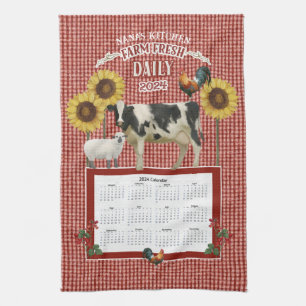 Linge De Cuisine Sunflower Nana Rooster Cow Farm Fresh Red n White