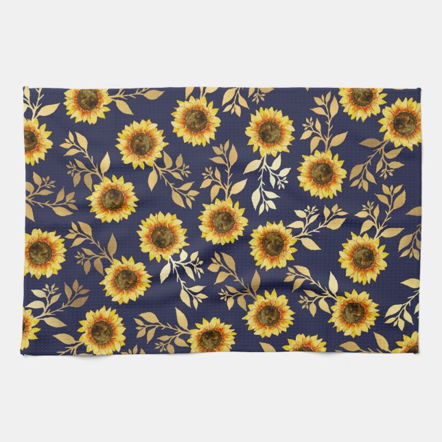 Linge De Cuisine Sunny Yellow Gold Navy Feuille Motif (Horizontal)