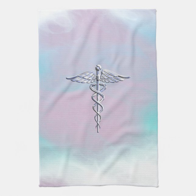 Linge De Cuisine Symbole Médicale Silver Caduceus Mère Pearl Décor (Vertical)