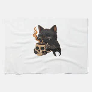 Linge De Cuisine T-Shirt Oversized Dark Cat Coffee With Skull Mug