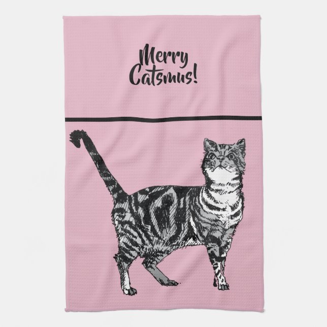 Linge De Cuisine Tabby Cat Merry Catsmus Pink Christmas Cats (Vertical)