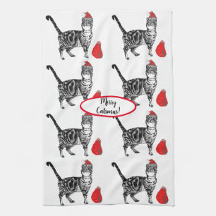 Linge De Cuisine Tabby Chat Noël Cool Chat Rouge Blanc Tea Serviett