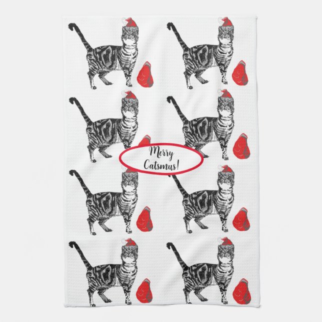 Linge De Cuisine Tabby Chat Noël Cool Chat Rouge Blanc Tea Serviett (Vertical)