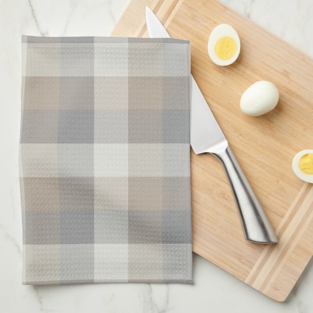 Linge De Cuisine Tan Grey Ivory Neutre Rustique Plaid (Quart Plié)