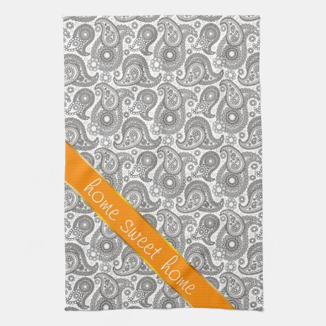 Linge De Cuisine Tangerine Black Paisley (Vertical)