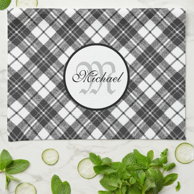 Linge De Cuisine Tartan motif Noël noir blanc Monogramme (Plié)