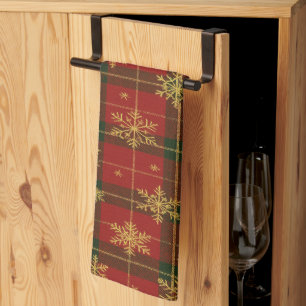 Linge De Cuisine Tartan Rouge Classique avec Flocons Dorés
