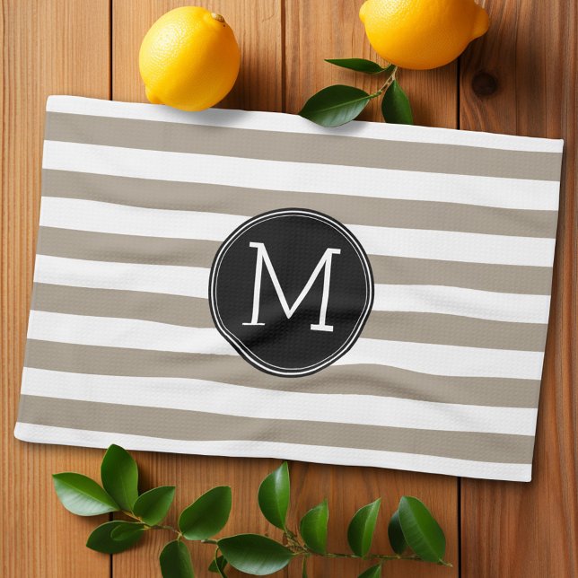 Linge De Cuisine Taupe et blanc Motif rayé noir Monogramme (Personalized kitchen towel with monogram)