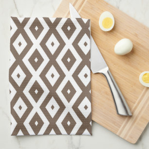 Linge De Cuisine Taupe motif diamant brun et blanc