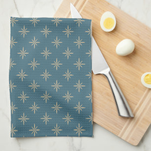 Linge De Cuisine Taupe Stars sur Blue Atomic Mid Century Motif