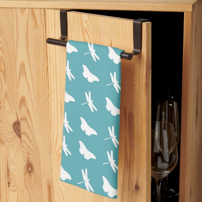 Linge De Cuisine Teal and White Butterfly and Dragonfly Pattern (Pliage en tiers)