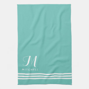 Linge De Cuisine Teal et rayures et monogramme sophistiqués blancs