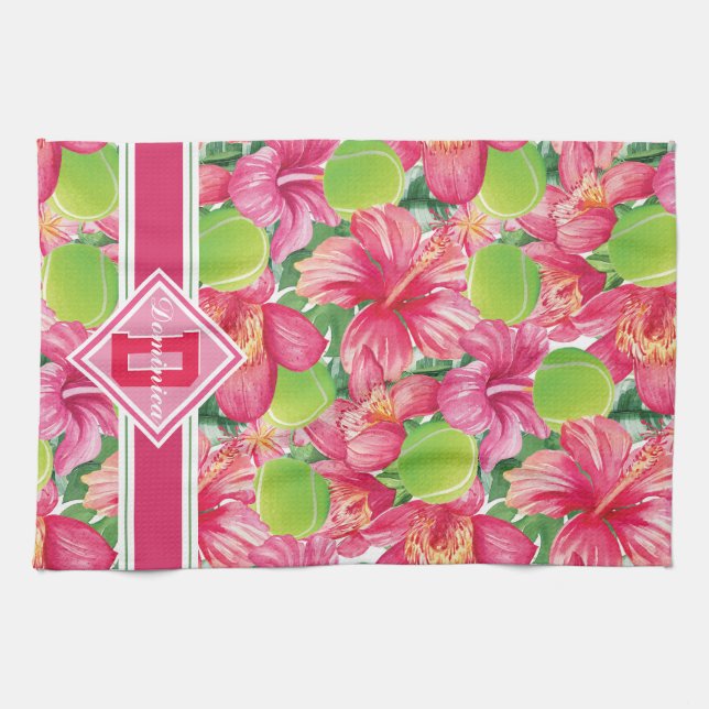 Linge De Cuisine 🌺 🌴 tennis tropical avec hibiscus, nom (Horizontal)
