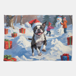 Linge De Cuisine Terrier de Boston Scène de neige festive de Noël