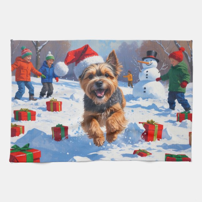 Linge De Cuisine Terrier tibétain coule dans la neige avec Casquett (Horizontal)