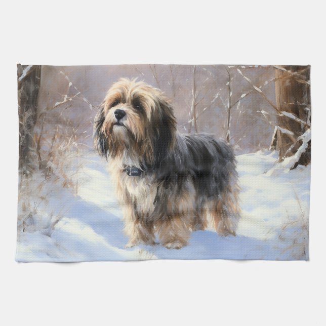 Linge De Cuisine Terrier Tibétain Laissons Il Neige Noël (Horizontal)