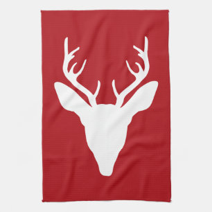 Linge De Cuisine Tête de cerf blanc Silhouette sur rouge