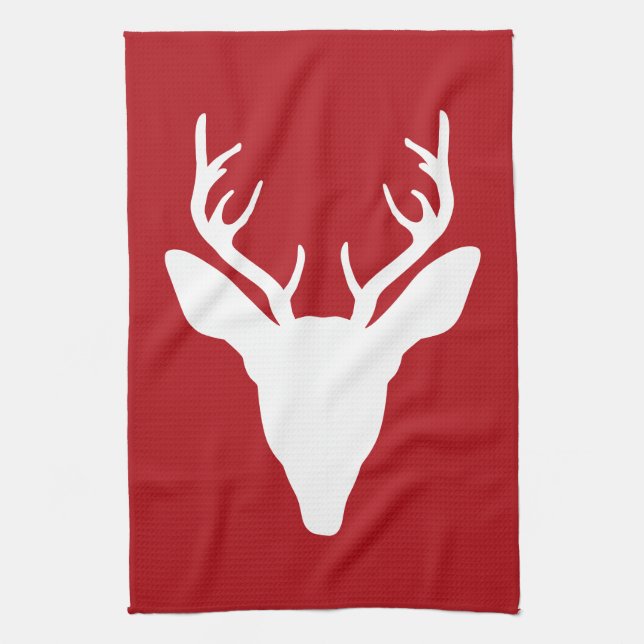 Linge De Cuisine Tête de cerf blanc Silhouette sur rouge (Vertical)