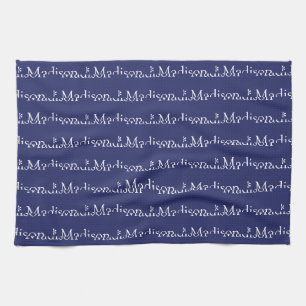 Linge De Cuisine Texte de nom personnalisé motif bleu marine blanc