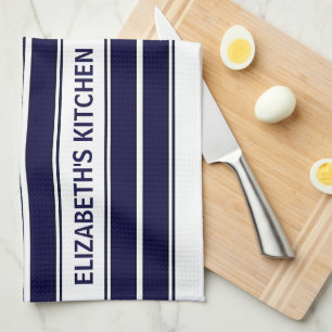 Linge De Cuisine Texte personnalisé bleu marine et blanc rayé