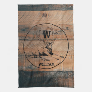 Linge De Cuisine Texture de bois rustique personnalisée & monogramm