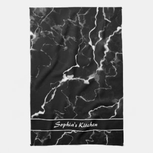 Linge De Cuisine Texture de faux marbre noir avec texte personnalis