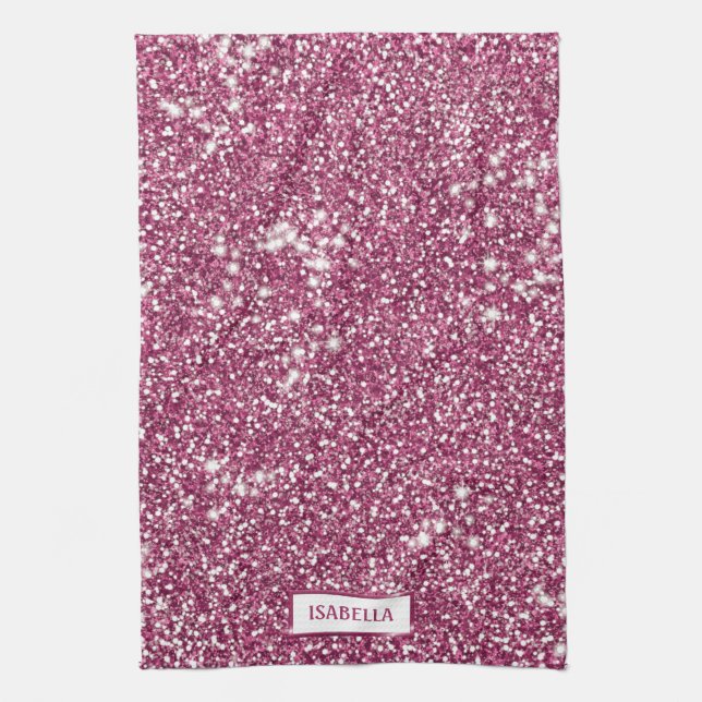 Linge De Cuisine Texture de paillettes roses fausses avec nom perso (Vertical)