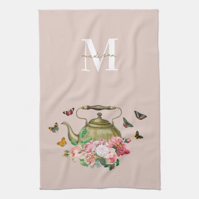 Linge De Cuisine Théière Party Fleurs Roses et Papillons Monogramme (Vertical)
