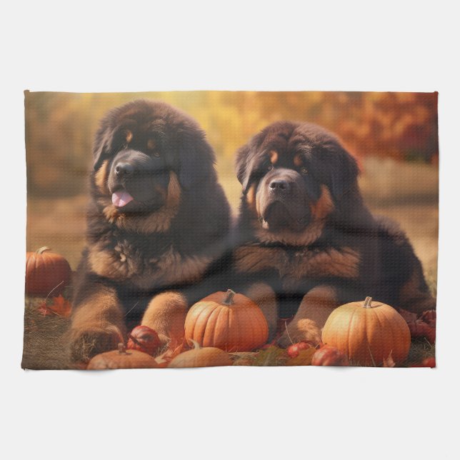 Linge De Cuisine Tibétain Mastiff Chiot Automne Citrouille délice (Horizontal)