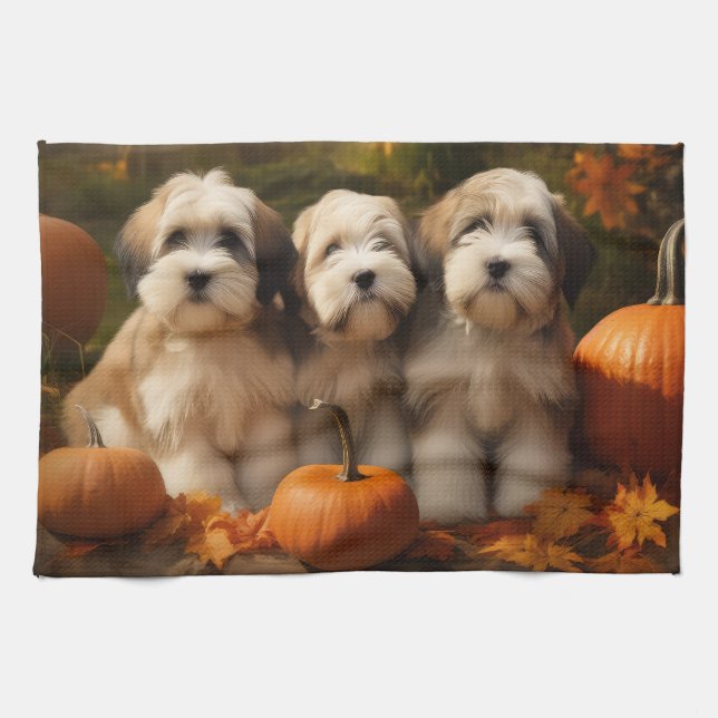 Linge De Cuisine Tibétain Terrier Chiot Automne Citrouille délice (Horizontal)